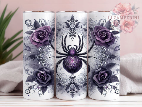 Gothic Halloween Spider 20 oz Skinny Tumbler Sublimation Design, Straight & Tapered Tumbler Png, Halloween Spider Web Floral Tumbler Png, Digital Download PNG Sublimation Li Zamperini 
