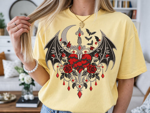 Gothic Heart Dagger Embroidery Design, Red Rose and Bat Wings, Crescent Moon, Thorn Heart, Vampire Halloween Machine Embroidery Digital File Embroidery/Applique DESIGNS DesignDestine 