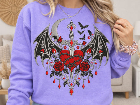 Gothic Heart Dagger Embroidery Design, Red Rose and Bat Wings, Crescent Moon, Thorn Heart, Vampire Halloween Machine Embroidery Digital File Embroidery/Applique DESIGNS DesignDestine 