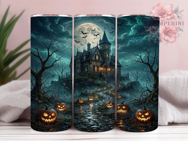 Gothic Mansion Halloween Moon 20oz Tumbler, Gothic Mansion, Halloween Theme, Moonlit Scene, Spooky Accent, Haunted Style, Sublimation Wrap, 20oz Tumbler Sublimation Li Zamperini 