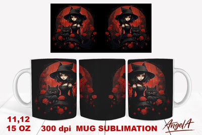 Gothic mug sublimation wrap / anime girl witch, black cat Sublimation Angelina Semenova 