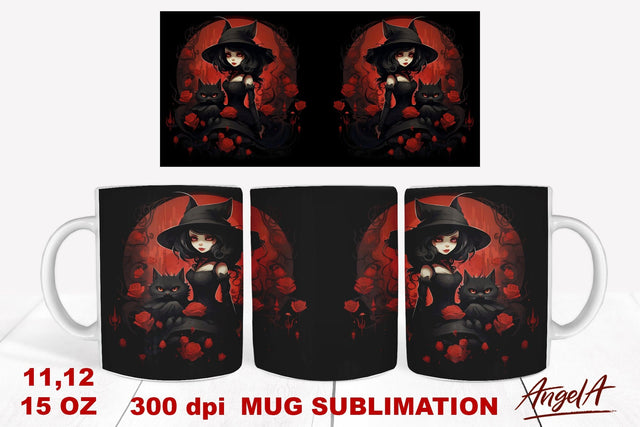 Gothic mug sublimation wrap / anime girl witch, black cat Sublimation Angelina Semenova 