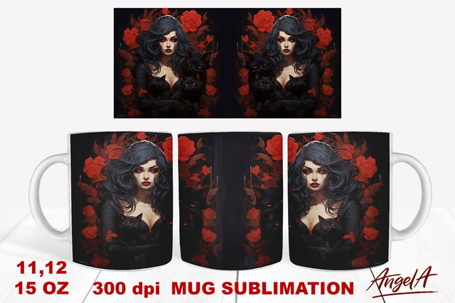 Gothic mug sublimation wrap / witch, black cat, red roses Sublimation Angelina Semenova 