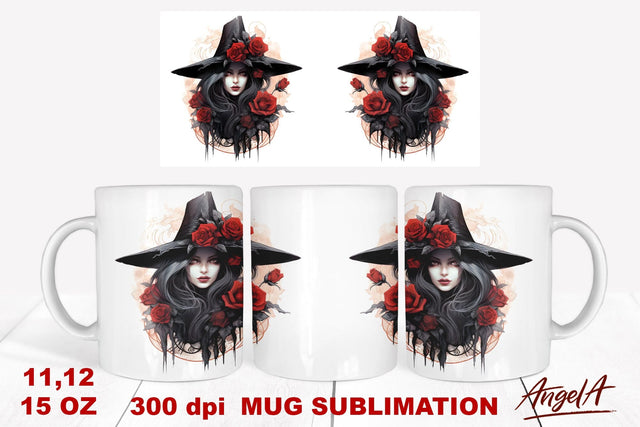 Gothic mug sublimation wrap / witchy fashion girl, red roses Sublimation Angelina Semenova 