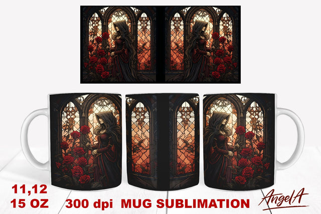 Gothic mug sublimation wrap / woman with roses, window png Sublimation Angelina Semenova 