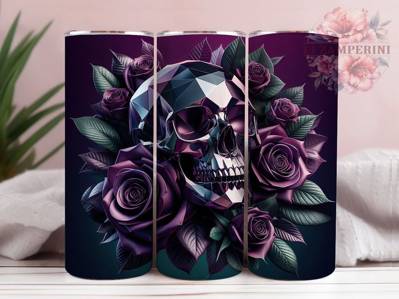 Gothic Purple Rose Skull Tumbler, Purple Floral Theme, Gothic Chic Wrap, Dark Romantic Style, Elegant Macabre Design, Seamless Artistic Print, Alternative Bloom Pattern, 20Oz Tumbler, Sublimation Sublimation Li Zamperini 