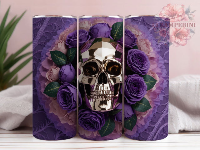 Gothic Purple Rose Skull Tumbler, Purple Floral Theme, Gothic Chic Wrap, Dark Romantic Style, Elegant Macabre Design, Seamless Artistic Print, Alternative Bloom Pattern, 20Oz Tumbler, Sublimation Sublimation Li Zamperini 