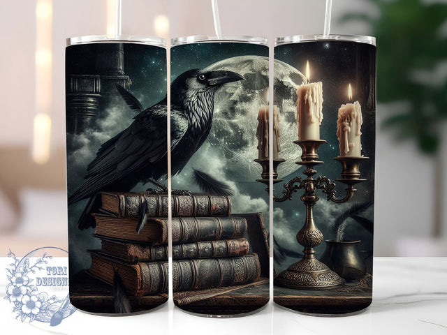 Gothic Raven and Books Tumbler Wrap, Gothic Book Tumbler Wrap, 20Oz Skinny Tumbler Wrap, Dark Academia Sublimation, Magical Raven Drinkware, Witchcraft Book Design, Occult Gothic Tumbler Sublimation ToriDesigns 