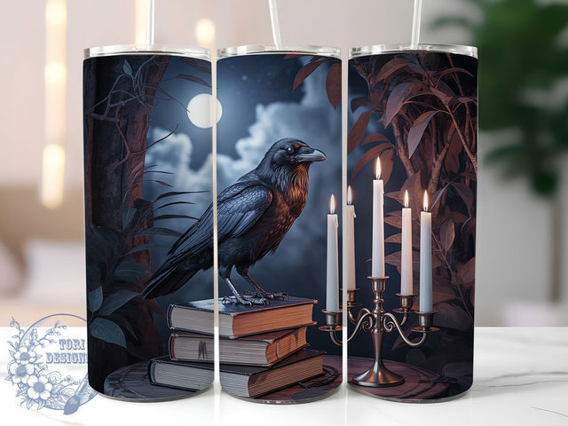 Gothic Raven and Books Tumbler Wrap, Gothic Book Tumbler Wrap, 20Oz Skinny Tumbler Wrap, Dark Academia Sublimation, Magical Raven Drinkware, Witchcraft Book Design, Occult Gothic Tumbler Sublimation ToriDesigns 