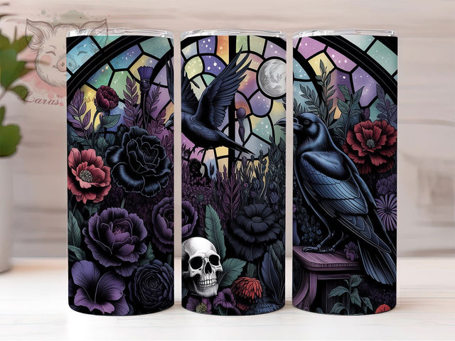 Gothic Raven Stained Glass Tumbler, Dark Art Design, Stained Glass Cup, Victorian Gothic Present, Raven Art Tumbler, Dark Floral Gift, Medieval Style Cup Sublimation Lara' s Designs 