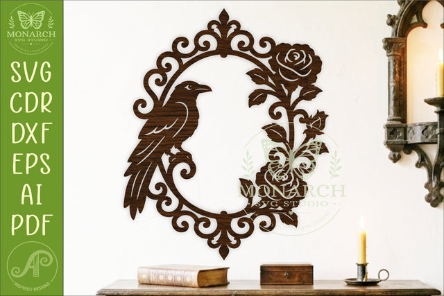 Gothic Raven Wall Art SVG, Victorian Rose Frame Laser Cut SVG APInspireddesigns 