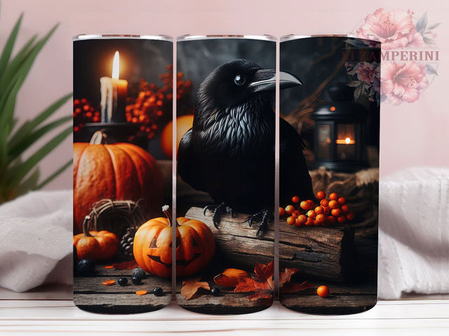 Gothic Raven Witch Magic Halloween Tumbler, Corvid Bird Wrap, Candle Magic Sublimation, 20Oz Skinny Tumbler, Witch Familiar Drinkware, Gothic Halloween Design, Spooky Raven Tumbler Sublimation Li Zamperini 