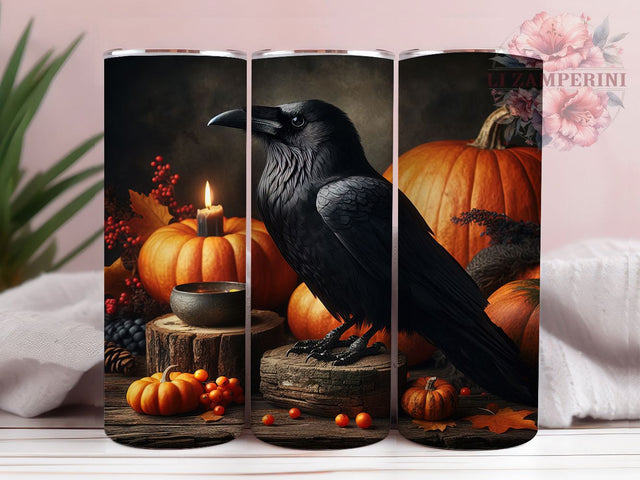 Gothic Raven Witch Magic Halloween Tumbler, Corvid Bird Wrap, Candle Magic Sublimation, 20Oz Skinny Tumbler, Witch Familiar Drinkware, Gothic Halloween Design, Spooky Raven Tumbler Sublimation Li Zamperini 