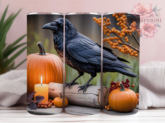 Gothic Raven Witch Magic Halloween Tumbler, Corvid Bird Wrap, Candle Magic Sublimation, 20Oz Skinny Tumbler, Witch Familiar Drinkware, Gothic Halloween Design, Spooky Raven Tumbler Sublimation Li Zamperini 