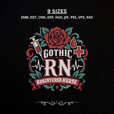 Gothic RN Registered Nurse Embroidery Design – Gothic Floral Nurse Machine Embroidery File Embroidery/Applique DESIGNS PatternFeed8 