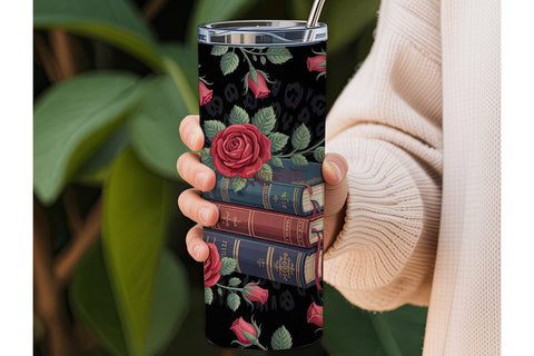 Gothic Rose & Books 20oz Tumbler Wrap Sublimation DesignSVG 