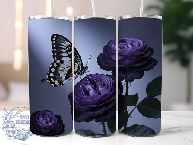 Gothic Rose & Butterfly Tumbler Wrap, Black Butterfly Wrap, Dark Floral Sublimation, 20Oz Gothic Cup, Elegant Halloween Drinkware, Victorian Style Tumbler, Butterfly and Roses Design Sublimation ToriDesigns 