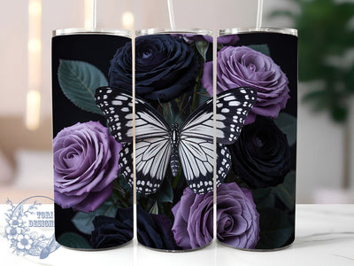 Gothic Rose & Butterfly Tumbler Wrap, Black Butterfly Wrap, Dark Floral Sublimation, 20Oz Gothic Cup, Elegant Halloween Drinkware, Victorian Style Tumbler, Butterfly and Roses Design Sublimation ToriDesigns 