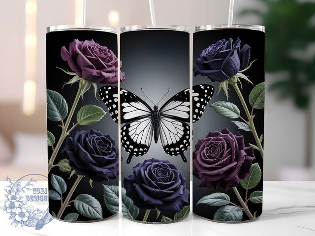 Gothic Rose & Butterfly Tumbler Wrap, Black Butterfly Wrap, Dark Floral Sublimation, 20Oz Gothic Cup, Elegant Halloween Drinkware, Victorian Style Tumbler, Butterfly and Roses Design Sublimation ToriDesigns 
