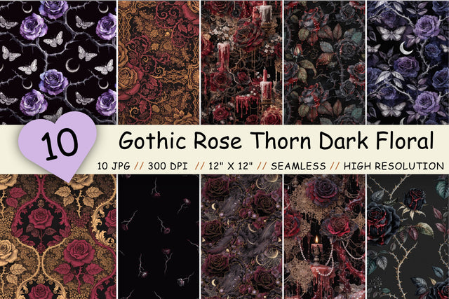 Gothic Rose Thorn Dark Floral Paper, Seamless Dark Pattern Bundle, Printable Scrapbook Paper, Victorian Botanical Design Dark Aesthetic Digital Pattern FloridPrintables 