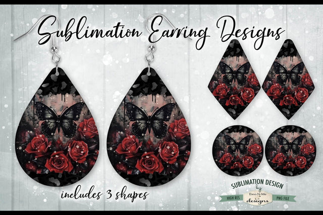 Gothic Roses Butterfly Sublimation Earring Designs | 3 PNG Shapes Sublimation Ewe-N-Me Designs 