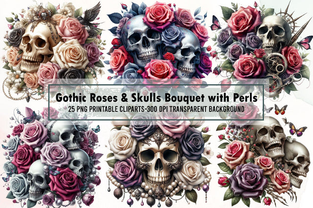 Gothic Roses & Skulls Bouquet with Perls Sublimation designartist 