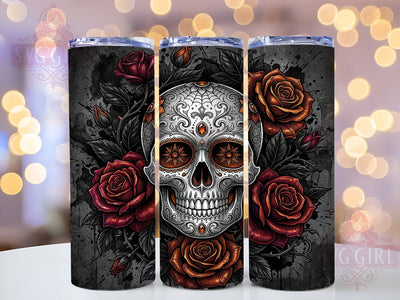 Gothic Silver Skull Roses 20oz Tumbler, Skull Motif, Rose Accent, Silver Theme, Glow Art Design, Gothic Flair, Sublimation Wrap, 20oz Tumbler Sublimation SvggirlplusArt 