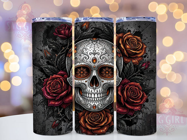 Gothic Silver Skull Roses 20oz Tumbler, Skull Motif, Rose Accent, Silver Theme, Glow Art Design, Gothic Flair, Sublimation Wrap, 20oz Tumbler Sublimation SvggirlplusArt 