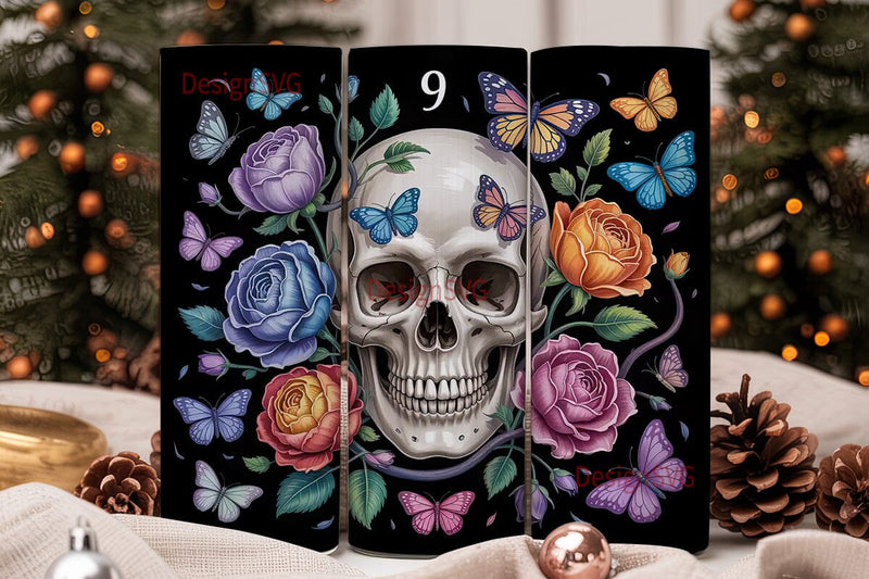 Gothic Skull & Butterflies 20oz Tumbler Sublimation DesignSVG 