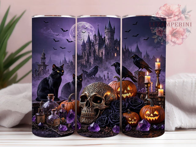 Gothic Skull Castle 20oz Tumbler, Skull Design, Gothic Style, Haunted Castle, Sublimation Wrap, 20oz Tumbler, Dark Aesthetic, Fantasy Theme Sublimation Li Zamperini 