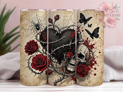 Gothic Skull Heart Roses 20oz Tumbler, Skull Heart Motif, Gothic Art Design, Rose Pattern Theme, Dark Accent, Elegant Charm, Sublimation Wrap, 20oz Tumbler Sublimation Li Zamperini 