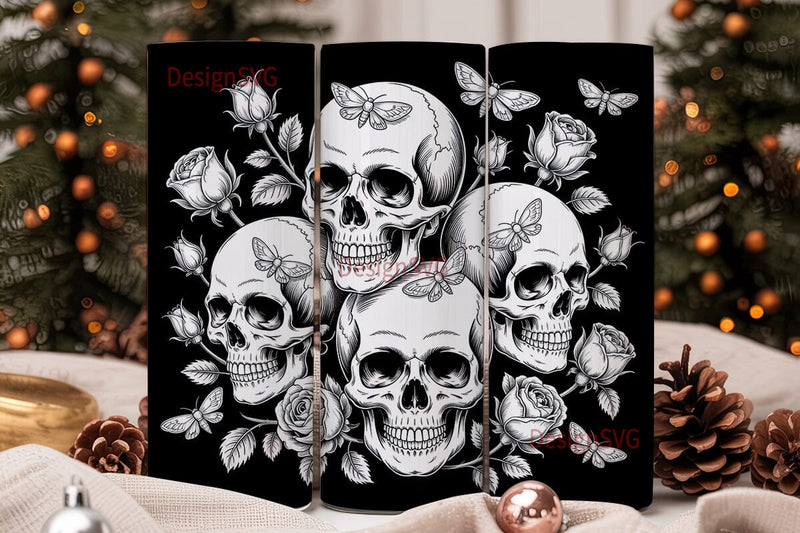 Gothic Skull & Moth Tumbler Wrap Sublimation DesignSVG 