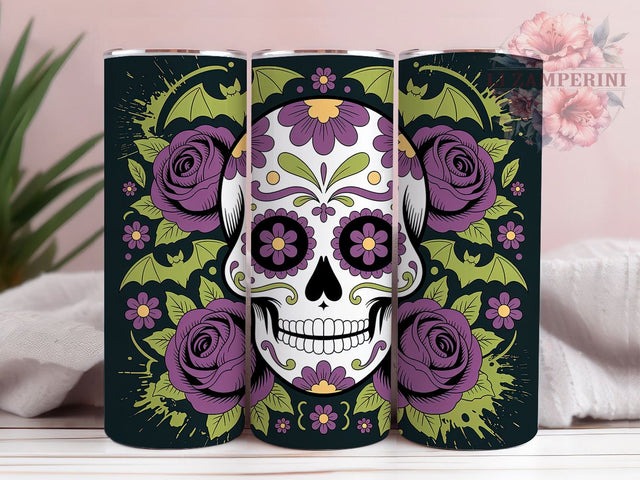Gothic Skull Purple Roses Halloween Tumbler, Purple Roses Wrap, Neon Bat Design, 20Oz Tumbler Sublimation, Spooky Gothic Drinkware, Dark Aesthetic Cup, Halloween Skull Mug Sublimation Li Zamperini 