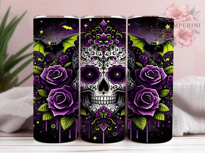 Gothic Skull Purple Roses Halloween Tumbler, Purple Roses Wrap, Neon Bat Design, 20Oz Tumbler Sublimation, Spooky Gothic Drinkware, Dark Aesthetic Cup, Halloween Skull Mug Sublimation Li Zamperini 