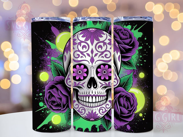 Gothic Skull Purple Roses Tumbler Wrap, Purple Roses Wrap, Neon Bat Cup, Halloween 20Oz Design, Dark Gothic Drinkware, Skull And Roses Tumbler, Spooky Neon Mug Design Sublimation SvggirlplusArt 