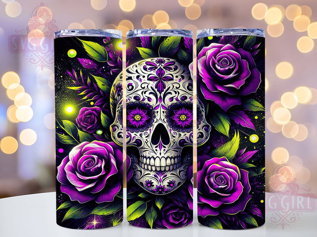 Gothic Skull Purple Roses Tumbler Wrap, Purple Roses Wrap, Neon Bat Cup, Halloween 20Oz Design, Dark Gothic Drinkware, Skull And Roses Tumbler, Spooky Neon Mug Design Sublimation SvggirlplusArt 