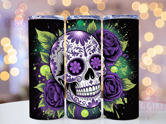 Gothic Skull Purple Roses Tumbler Wrap, Purple Roses Wrap, Neon Bat Cup, Halloween 20Oz Design, Dark Gothic Drinkware, Skull And Roses Tumbler, Spooky Neon Mug Design Sublimation SvggirlplusArt 