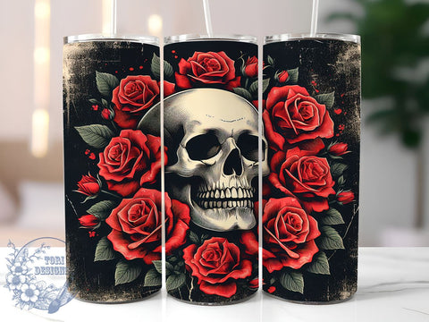 Gothic Skull & Rose 20oz Skinny Tumbler PNG, Skull With Roses Tumbler Wrap, Sublimation Design, Straight & Tapered Tumbler Wrap, Instant Digital Download Sublimation ToriDesigns 