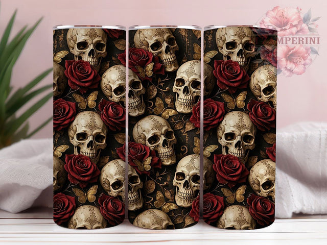 Gothic Skull Rose Pattern 20oz Tumbler, Skull Rose, Gothic Design, Dark Aesthetic, Whimsical Gothic, Halloween Style, 20oz Wrap, Sublimation Tumbler Sublimation Li Zamperini 