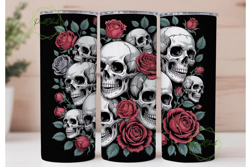 Gothic Skull & Roses 20oz Tumbler Wrap Sublimation PixelChick 