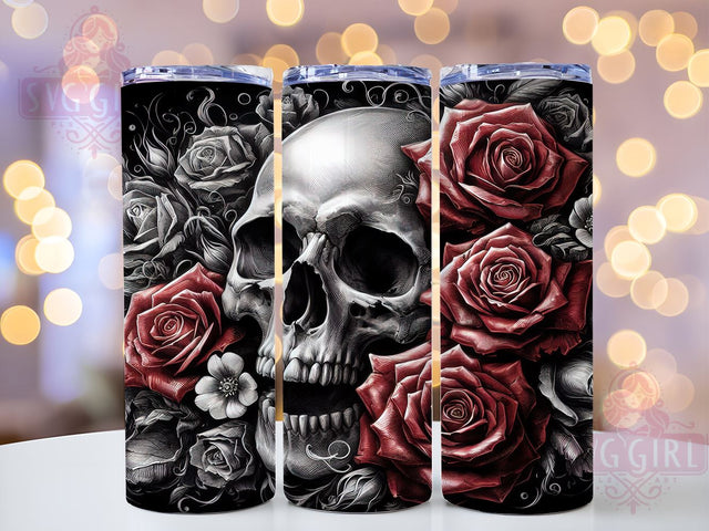 Gothic Skull With Rose 20oz Tumbler Wrap Sublimation Design, Straight Tapered Tumbler Wrap, Skull And Flower Tumbler Png, Instant Digital Download Sublimation SvggirlplusArt 