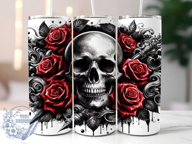 Gothic Skull With Roses 20oz Skinny Tumbler PNG, Skull And Flower Tumbler Sublimation Wrap, Straight & Tapered Tumbler Wrap, Instant Digital Download Sublimation ToriDesigns 