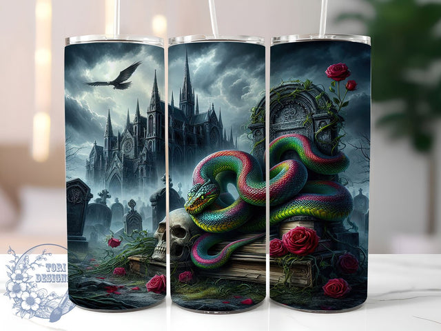 Gothic Snake Skull Halloween Tumbler, Dark Forest, Spooky Season, Skull Halloween, Animal Tumbler, 20Oz Tumbler Wrap, Sublimation Drinkware Sublimation ToriDesigns 