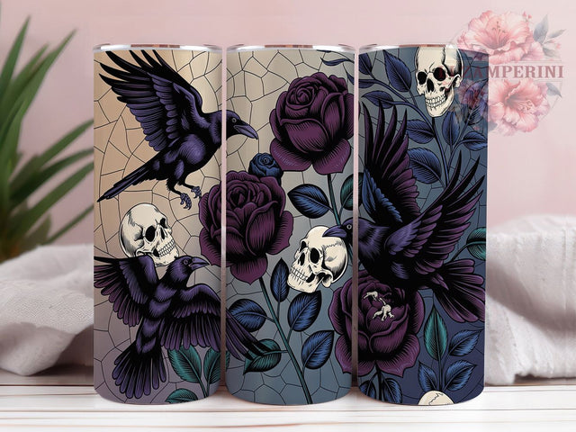 Gothic Stained Glass Raven Tumbler, Stained Glass Wrap, Floral Raven Cup, 20oz Sublimation, Gothic Floral Design, Raven Tumbler Wrap, Dark Garden Drinkware Sublimation Li Zamperini 
