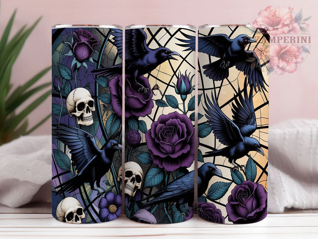 Gothic Stained Glass Raven Tumbler, Stained Glass Wrap, Floral Raven Cup, 20oz Sublimation, Gothic Floral Design, Raven Tumbler Wrap, Dark Garden Drinkware Sublimation Li Zamperini 