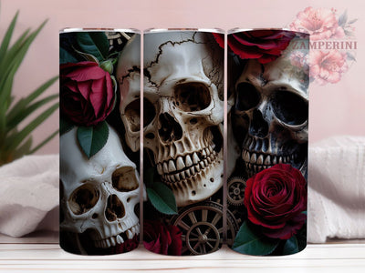 Gothic Steampunk Skull Tumbler, Steampunk Roses Wrap, Dark Gothic Cup, 20oz Sublimation Wrap, Stylish Skull Design Tumbler, Artistic Steampunk Rose Cup, Gothic Tattoo Theme Wrap Sublimation Li Zamperini 