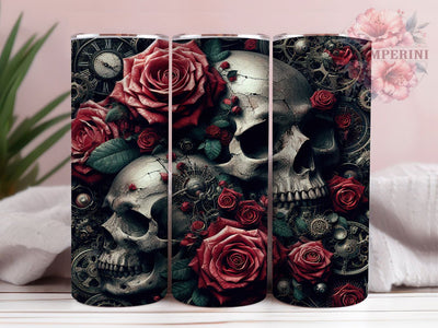 Gothic Steampunk Skull Tumbler, Steampunk Roses Wrap, Dark Gothic Cup, 20oz Sublimation Wrap, Stylish Skull Design Tumbler, Artistic Steampunk Rose Cup, Gothic Tattoo Theme Wrap Sublimation Li Zamperini 