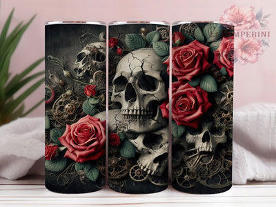Gothic Steampunk Skull Tumbler, Steampunk Roses Wrap, Dark Gothic Cup, 20oz Sublimation Wrap, Stylish Skull Design Tumbler, Artistic Steampunk Rose Cup, Gothic Tattoo Theme Wrap Sublimation Li Zamperini 