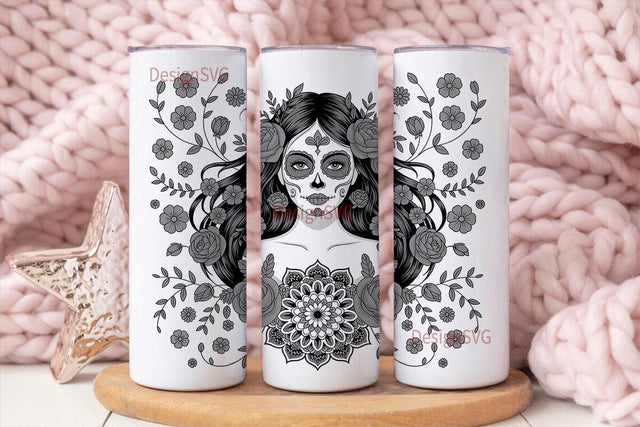 Gothic Sugar Skull Floral 20oz Tumbler Sublimation DesignSVG 