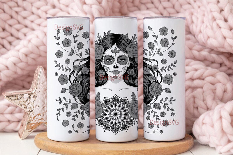 Gothic Sugar Skull Floral 20oz Tumbler Sublimation DesignSVG 